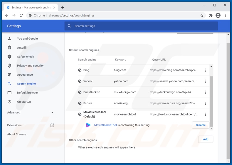 Removing moviesearchtool.com from Google Chrome default search engine