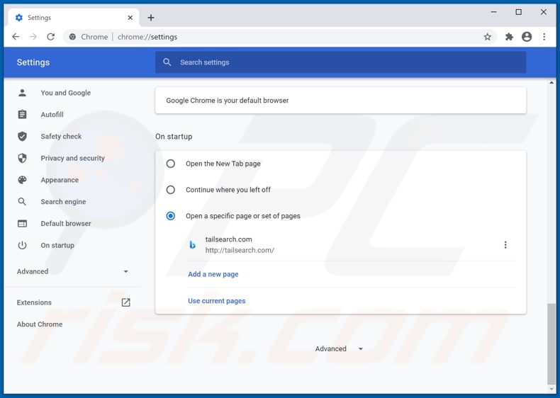 Removing tailsearch.com from Google Chrome homepage