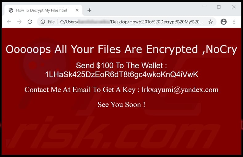 NoCry ransomware html file (How To Decrypt My Files.html)