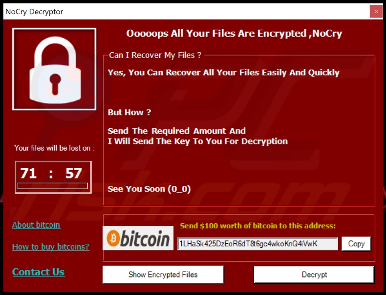 NoCry ransomware ransom note (pop-up)