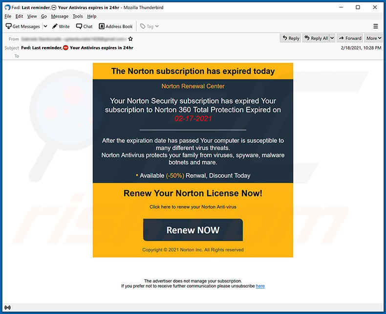 Norton Subscription Has Expired email scam email spam campaign