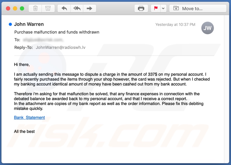 Alternative variant of the Order Error scam email