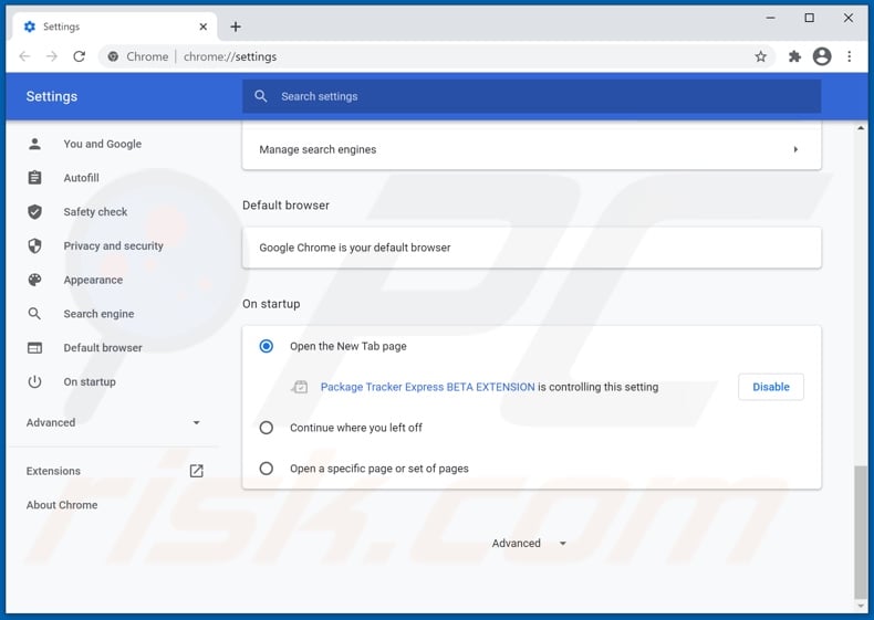 Removing packagetrackerexpress.com from Google Chrome homepage
