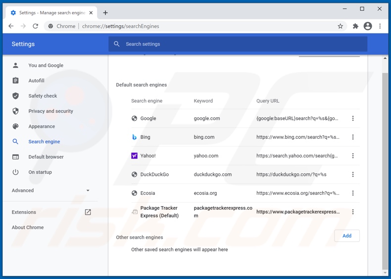 Removing packagetrackerexpress.com from Google Chrome default search engine