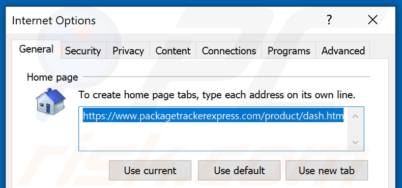 Removing packagetrackerexpress.com from Internet Explorer homepage