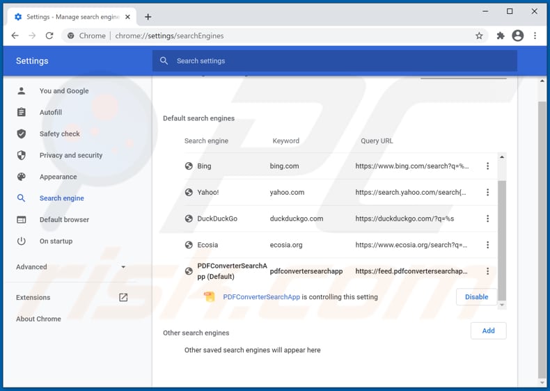 Removing pdfconvertersearchapp.com from Google Chrome default search engine