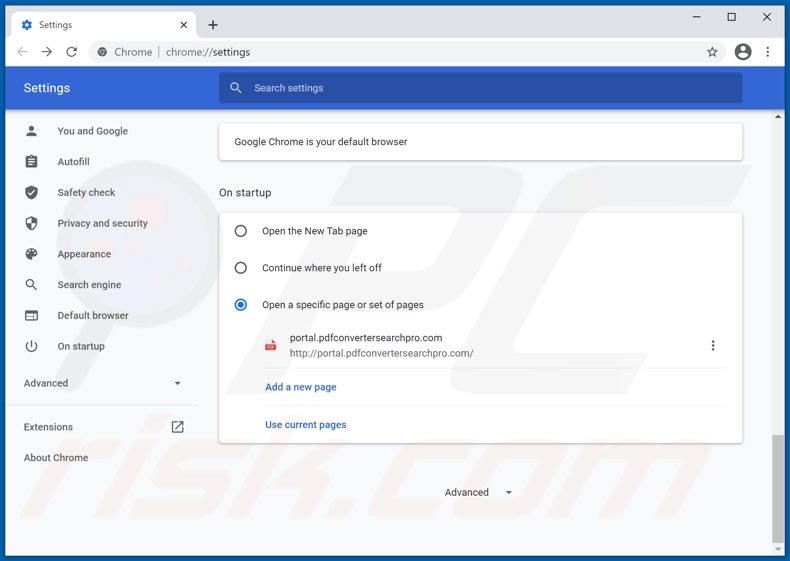 Removing pdfconvertersearchpro.com from Google Chrome homepage