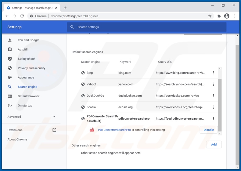Removing pdfconvertersearchpro.com from Google Chrome default search engine