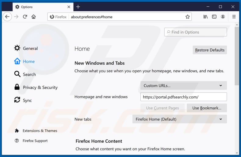 Removing pdfsearchly.com from Mozilla Firefox homepage