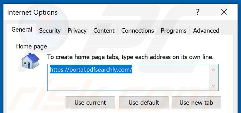 Removing pdfsearchly.com from Internet Explorer homepage