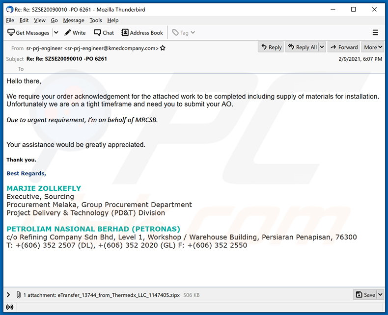 PETRONAS spam email spreading Agent Tesla