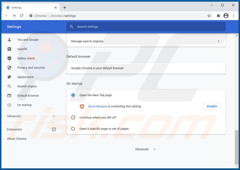 Removing quickrecipessearch-serp.com from Google Chrome homepage