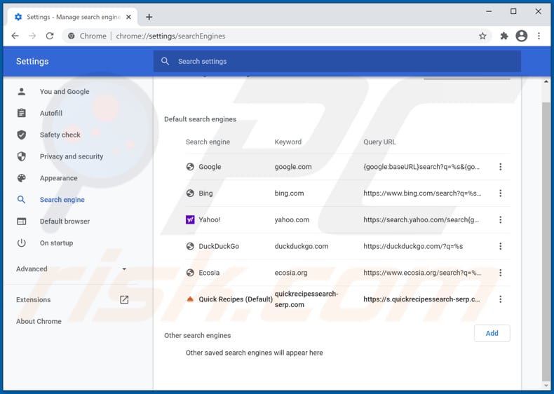 Removing quickrecipessearch-serp.com from Google Chrome default search engine
