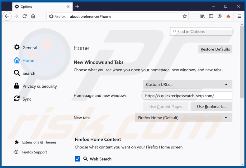 Removing quickrecipessearch-serp.com from Mozilla Firefox homepage