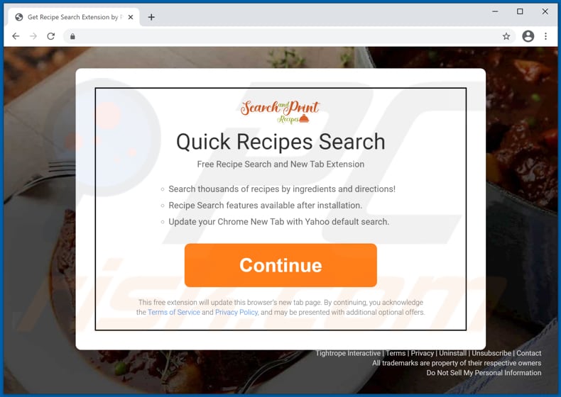 Website used to promote Quick Recipes browser hijacker