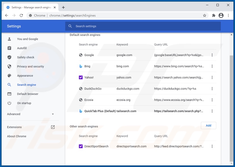 Removing tailsearch.com from Google Chrome default search engine