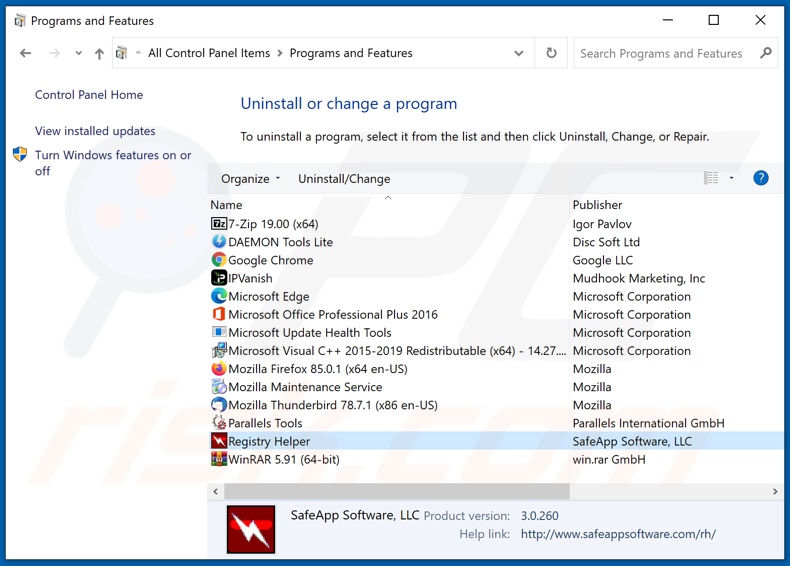Registry Helper adware uninstall via Control Panel