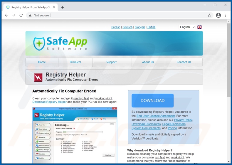 Website used to promote Registry Helper PUA