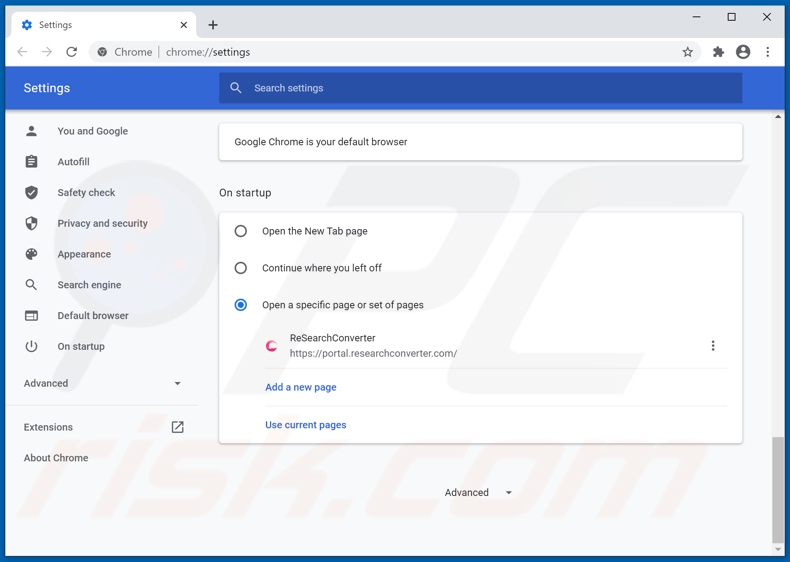 Removing researchconverter.com from Google Chrome homepage