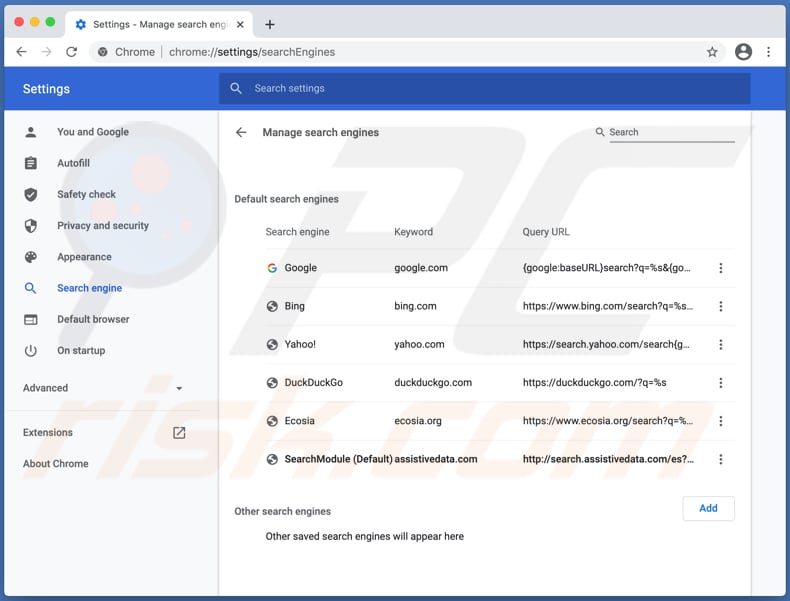 search.assistivedata.com browser hijacker on a Mac computer