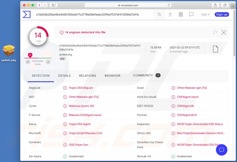 Silver Sparrow malware alternative variant installer detections on VirusTotal