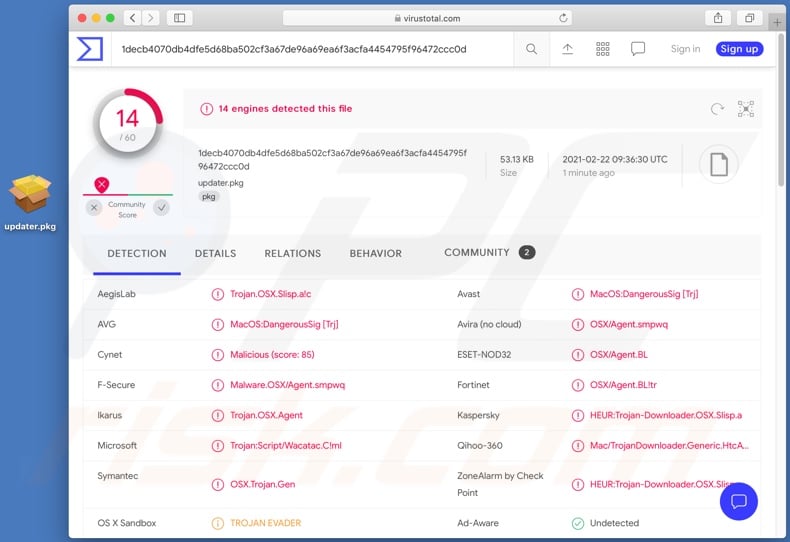 VirusTotal detections of an installer containing a variant of Silver Sparrow malware