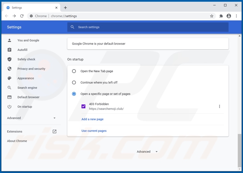 Removing searchemoji.club from Google Chrome homepage