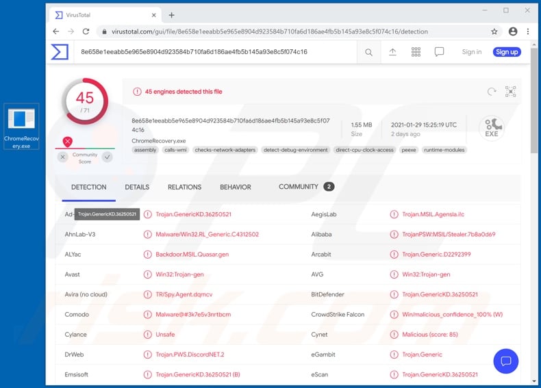 Sn0wsLogger malware detections on VirusTotal