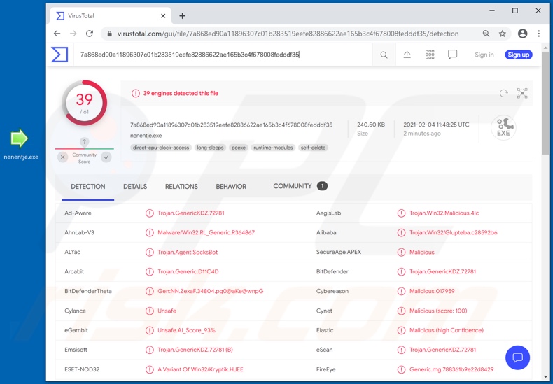 SocksBot malware detections on VirusTotal