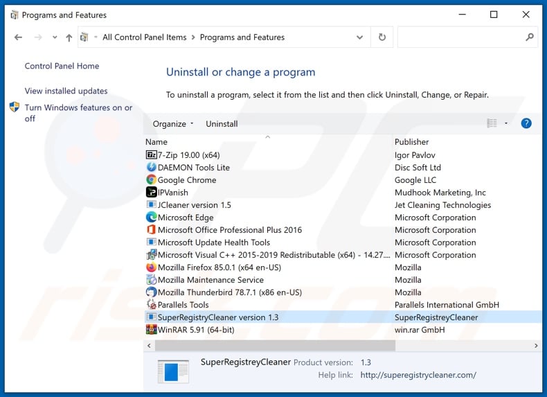 SuperRegistryCleaner adware uninstall via Control Panel