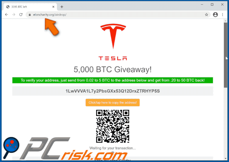 Tesla-themed Bitcoin giveaway scam website (eloncharity.org)