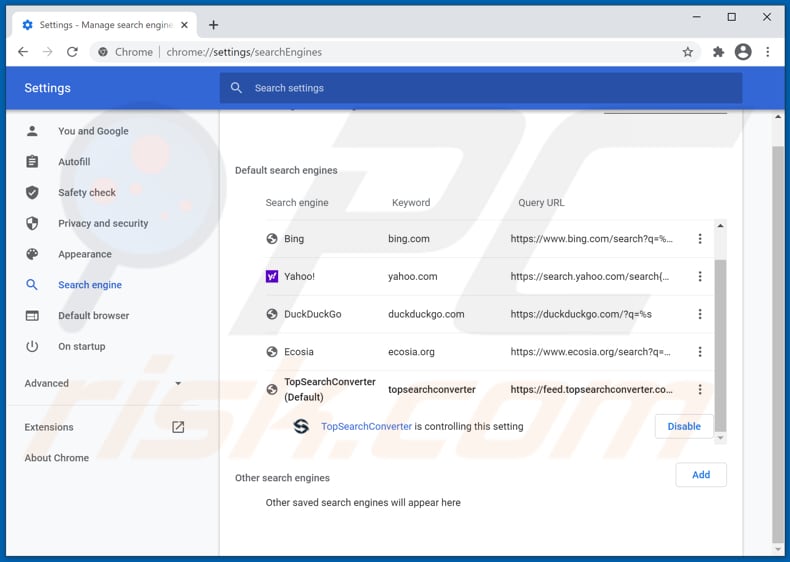Removing topsearchconverter.com from Google Chrome default search engine