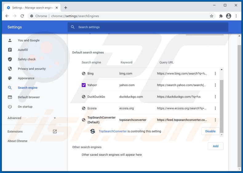 Removing topsearchconverter.com from Google Chrome default search engine