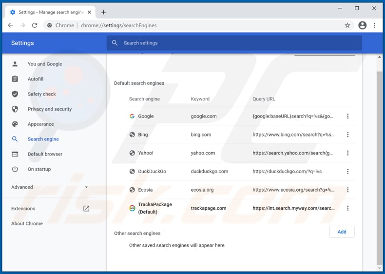 Removing hp.myway.com from Google Chrome default search engine