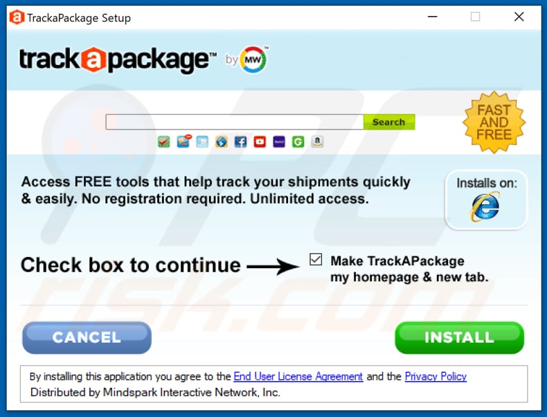 Official TrackaPackage browser hijacker installation setup