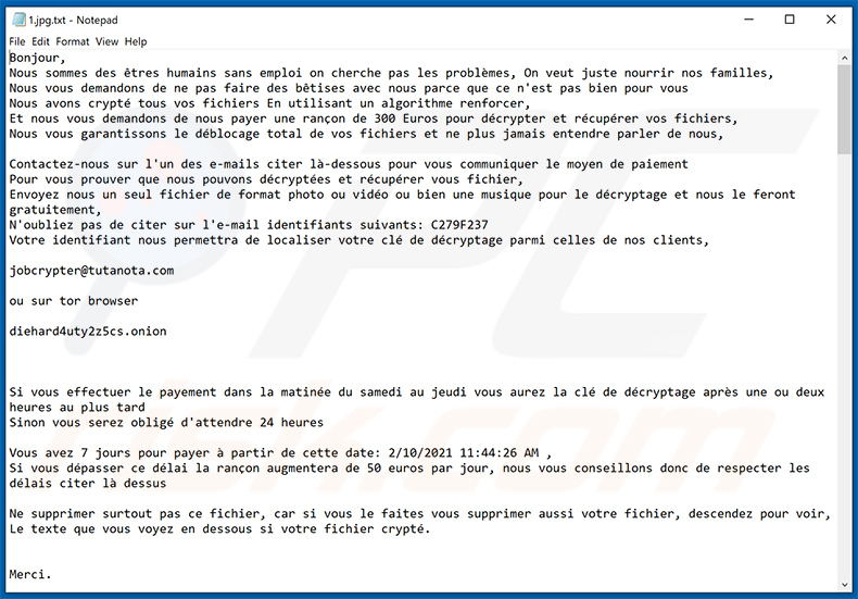 French ransom note dropped by Txt (JobCrypter) ransomware