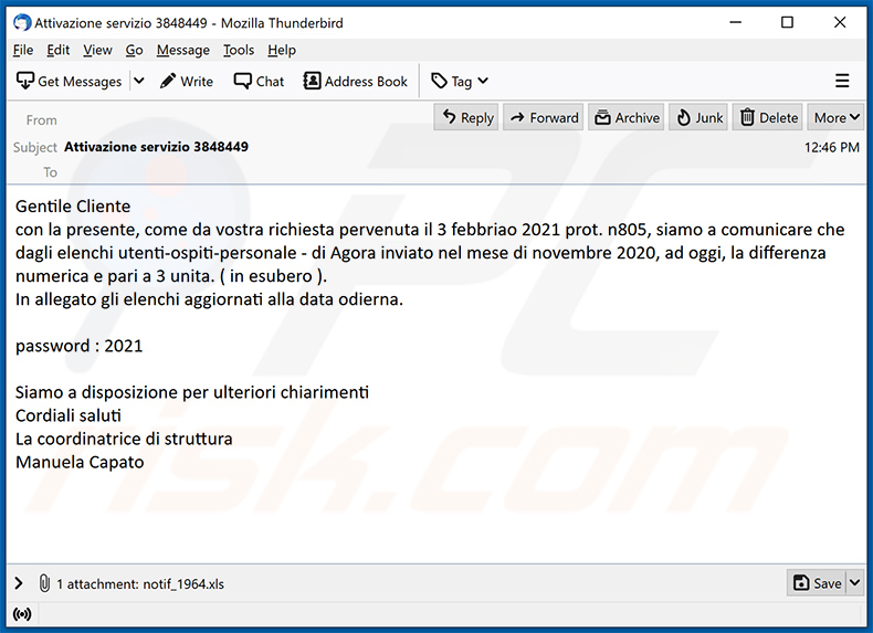 Italian spam email spreading Ursnif trojan (example 2)