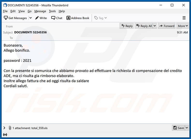 Italian spam email spreading Ursnif trojan (example 1)