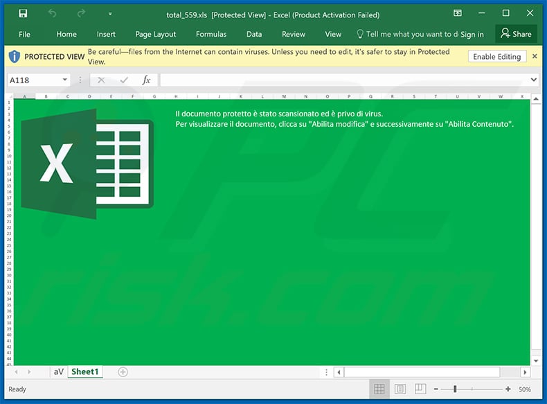 Ursnif malware-injecting MS Excel document distributed via Italian spam emails