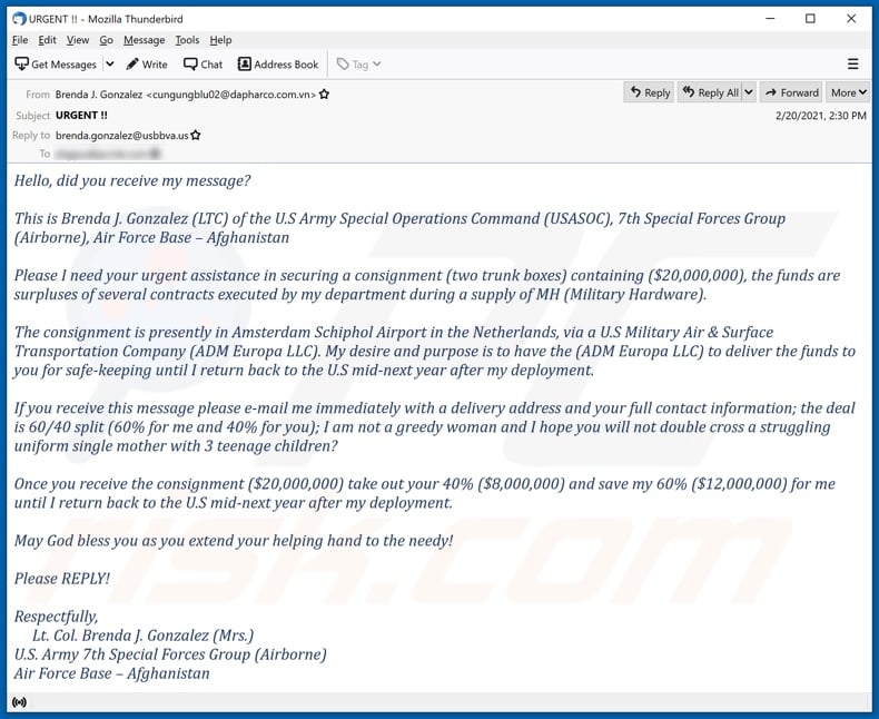 U.S Army Special Operations Command Consignment email spam campaign