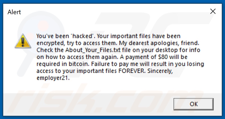 Pop-up displayed by VAGGEN ransomware