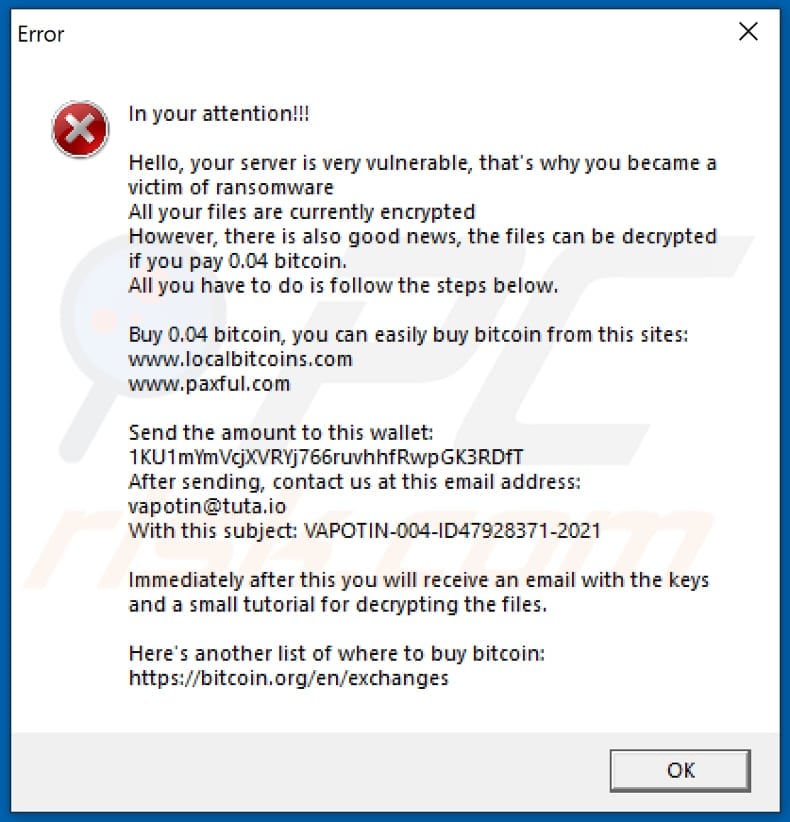 vapo ransomware pop-up window