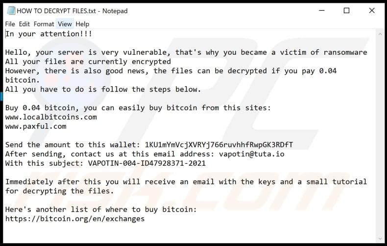 VaPo ransomware text file (HOW TO DECRYPT FILES.txt)