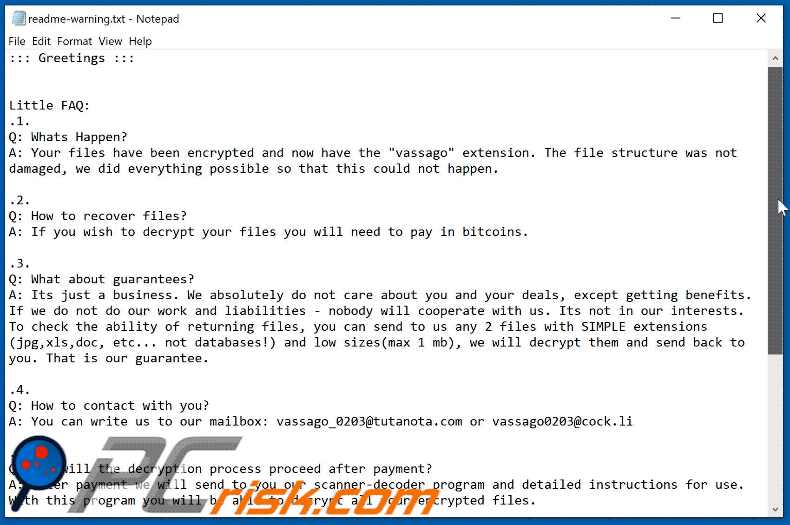 Vassago ransomware text note appearance GIF (readme-warning.txt)