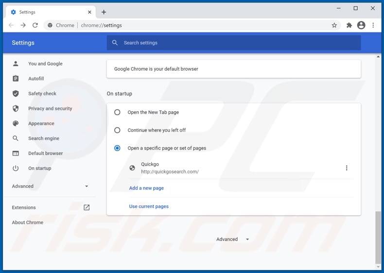 Removing quickgosearch.com from Google Chrome homepage