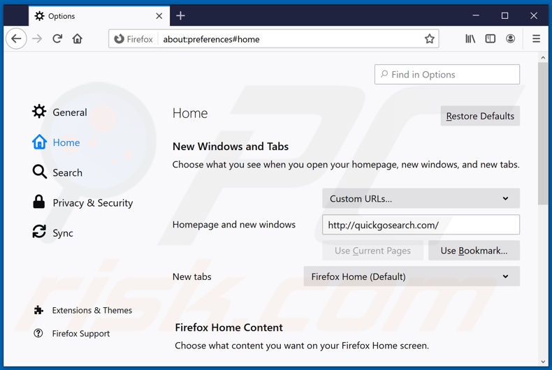 Removing quickgosearch.com from Mozilla Firefox homepage