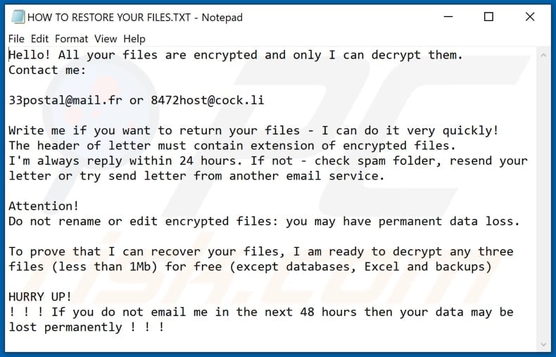 Yulnedxmo decrypt instructions (HOW TO RESTORE YOUR FILES.TXT)