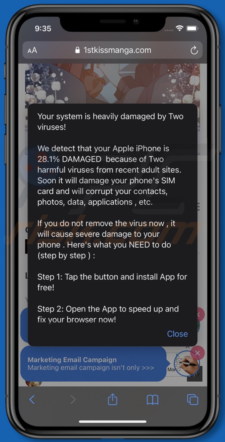 1stkissmanga[.]com promoting the Your system is heavily damaged by Two viruses! scam