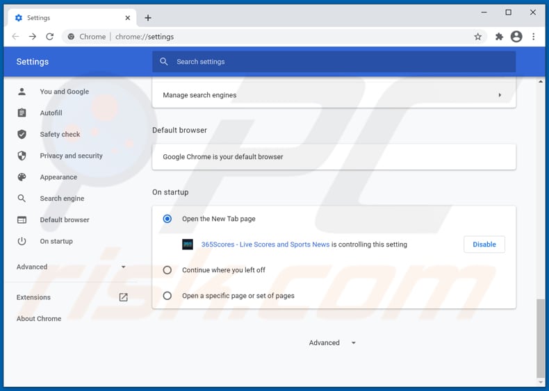 Removing get365scores.com from Google Chrome homepage