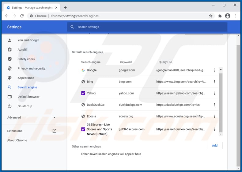 Removing get365scores.com from Google Chrome default search engine